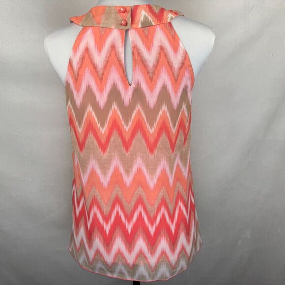 BCX Halter Top Sz S Round Neckline Zig Zag Print Coral Beige Pink Lined Button - Picture 4 of 7